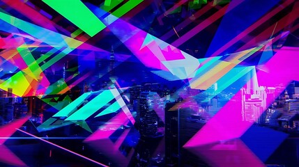 Abstract geometric shapes in vibrant neon colors overlaying a dark, futuristic cityscape.