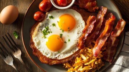 Delicious breakfast spread featuring eggs bacon and hash browns kitchen table food photography warm atmosphere close-up shot