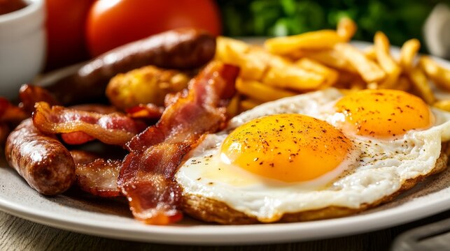 Delicious breakfast feast featuring eggs bacon sausage and fries home kitchen food photography cozy atmosphere close-up view culinary delight
