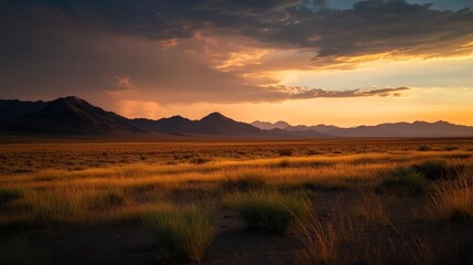Dramatic sunset over mountainous landscape desert region nature photography serene environment wide-angle view awe-inspiring beauty