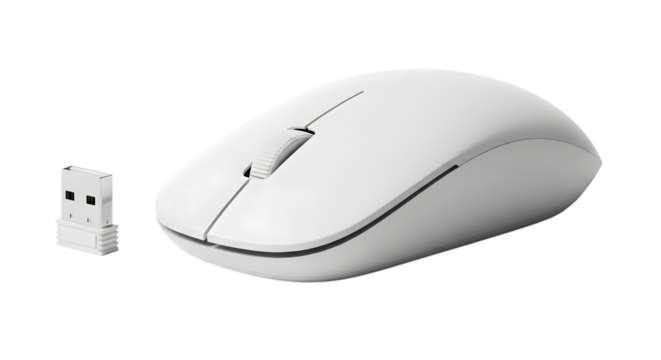 Sleek white wireless computer mouse and usb receiver for enhanced productivity