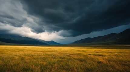 Dramatic storm approaching over golden grasslands remote mountain region landscape photography open environment wide angle view nature's power