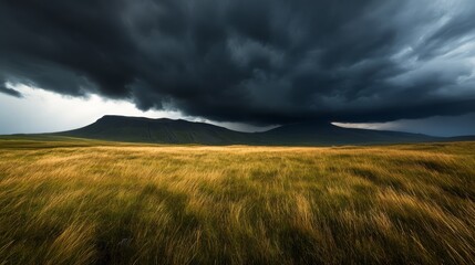 Dramatic storm approaches over rugged landscape open field nature photography dynamic atmosphere wide angle view weather phenomena
