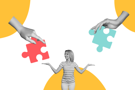 Creative photo collage young cheerful woman girl puzzle match fragments pieces hands body fragment intelligence solution