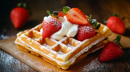 Savor the flavors of homemade waffles with fresh strawberries kitchen table food photography rustic setting top view culinary indulgence
