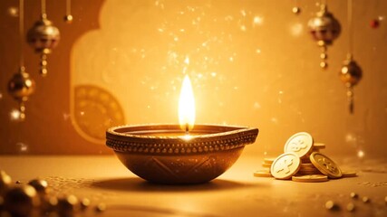 Lit diya and gold coins on warm background - Powered by Adobe