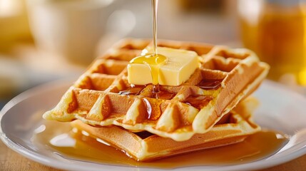 Delicious waffle serving with butter and syrup cozy kitchen food photography warm atmosphere close-up view comfort food concept