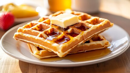 Delicious waffles with butter and syrup breakfast table food photography cozy home environment close-up view comfort food indulgence
