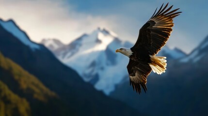 Majestic bald eagle soaring above snow-capped mountains nature photography high altitude view wildlife and adventure aesthetic