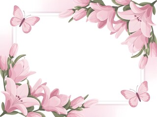 Fototapeta premium Delicate pink lily floral border with butterflies for spring and summer designs