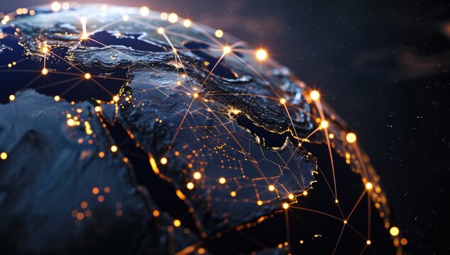 A 3D rendering of Earth at night, showcasing a global network of interconnected glowing nodes and lines, highlighting a specific region's illuminated cities and intricate connections
