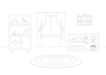 Children's room interior. Furniture and toys. Vector illustration.
