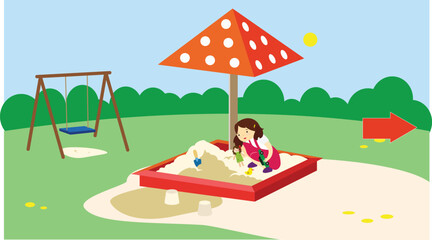 Girl playing in the sandbox. Vector illustration in a flat style.