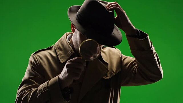 Mysterious Detective Silhouette with Magnifying Glass on Green Screen Background for Compositing