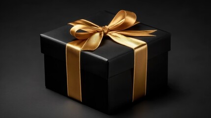 Obraz premium Gift box on dark background with textured bow and feathers, romantic luxury for birthdays. Suitable for celebrations, social media, and gift designs.