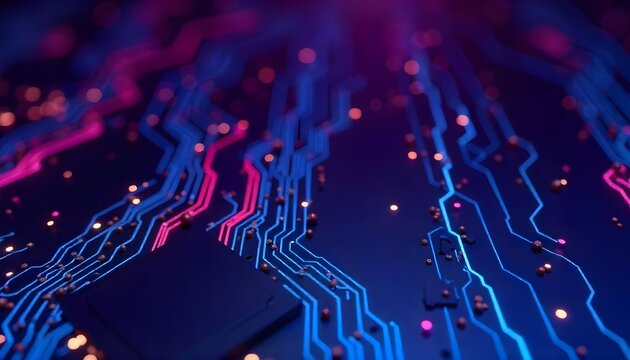 A circuit board with blue and pink lines, the background is dark and blurry, and he style is futuristic and technological