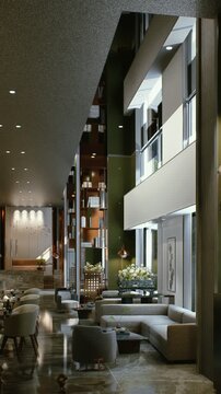 3D render vertical animation of a hotel lobby
