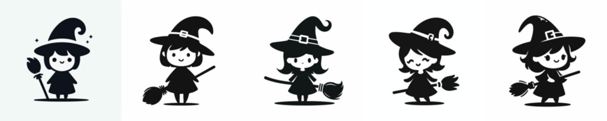 black and white vector cute little witch halloween