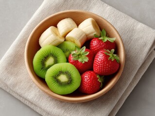 Top Down View Of Fresh Fruit Bowl Arrangement Bananas Kiwis and Strawberries