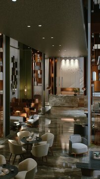 3D render vertical animation of a hotel lobby