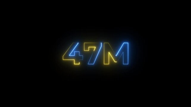 Neon glow "47m" sign with bold blue and yellow hues on dark background - large initial letter .