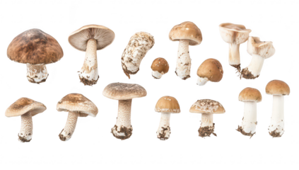 A variety of fresh. edible mushrooms arranged artistically on a clean white background. their unique shapes and colors. ideal for culinary use or nature-themed projects