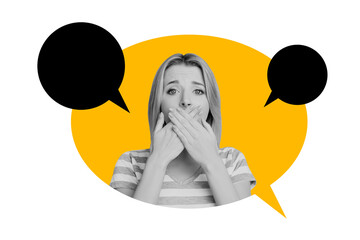 Composite trend artwork 3D sketch image photo collage of speech cloud monochrome young lady cover...