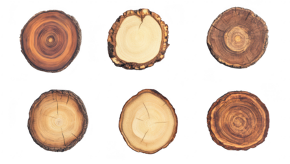 A collection of six beautifully arranged wooden tree slices various natural colors and textures. ideal for rustic decor or craft projects. set against a clean white background