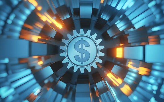 Abstract futuristic gear with dollar symbol at center illuminated by neon lights - Powered by Adobe