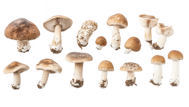 A variety of fresh. edible mushrooms arranged artistically on a clean white background. their unique shapes and colors. ideal for culinary use or nature-themed projects