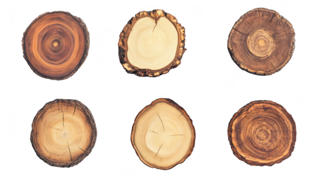 A collection of six beautifully arranged wooden tree slices various natural colors and textures. ideal for rustic decor or craft projects. set against a clean white background
