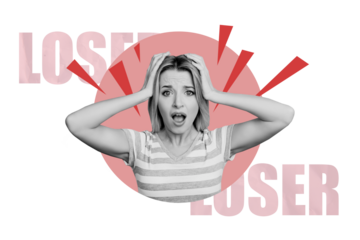 Composite trend artwork sketch image photo collage of young shocked woman staring bulb headache stress loser bullying tension stereotype