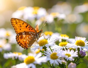 Fototapeta premium Beautiful butterfly on white flowers in sunlight