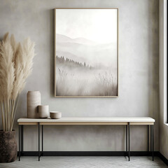 Hall with bench. Big frame on stucco wall. Vase with pampas grass near concrete wall. Scandinavian home interior design of modern living room.