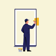 Painter painting trim with brush, bucket of paint nearby, off-white background