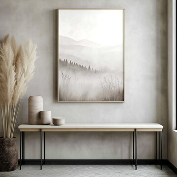 Hall with bench. Big frame on stucco wall. Vase with pampas grass near concrete wall. Scandinavian home interior design of modern living room.