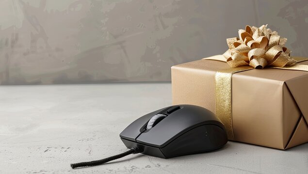 A black computer mouse rests beside a gift-wrapped present with a gold ribbon and bow, set against a textured background