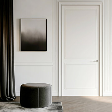Black pouf and curtain near white wall with classic door. Scandinavian home interior design of modern living room.