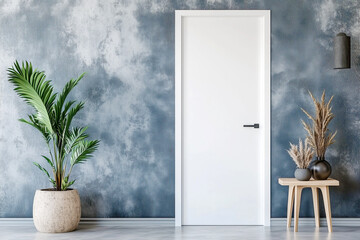 Vases with pampas grass on natural wood coffee table near white door. Pot with green plant against of blue venetian stucco wall. Scandinavian home interior design of modern living room.