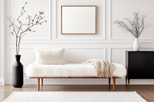 Fur pillow on bench near black cabinet. White classic paneling wall and blank wooden frame on it. Scandinavian home interior design of modern living room.