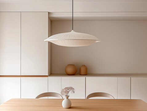 Modern scandinavian interior design of pastel color kitchen with wooden dining table and chairs. Accent stylish pendant light over table.