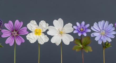Obraz premium Six varied flowers in a row lavender to violet to white on slender stems against a muted dark grey background