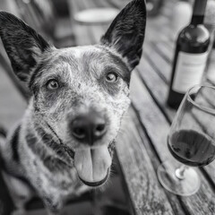 black and white dog with wine