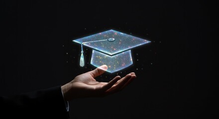 Hand holding a glowing graduation cap against a dark background.