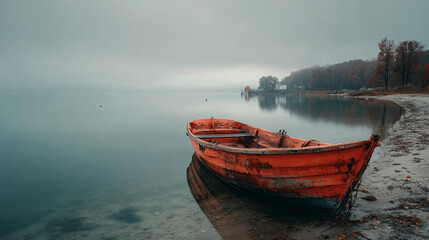 Boat floating peacefully on a calm mountain lake at sunrise