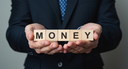 Person in suit holds wooden blocks spelling money against a neutral background.