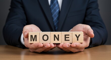 Man holds wooden blocks spelling money wearing a suit and tie.