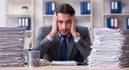 Man in suit stressed at desk with large stacks of paper.