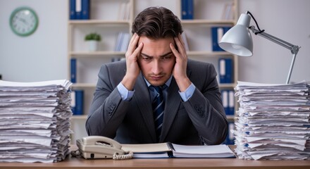 Stressed businessman sits at desk surrounded by piles of paperwork in office.