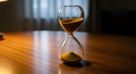 Ancient hourglass measuring precious moments of time on a wooden table